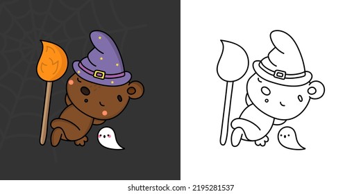 Cute Halloween Bear Clipart for Coloring Page and Illustration. Happy Clip Art Halloween Brown Bear. Cute Vector Illustration of Halloween Kawaii Animals in Witch Costume.
