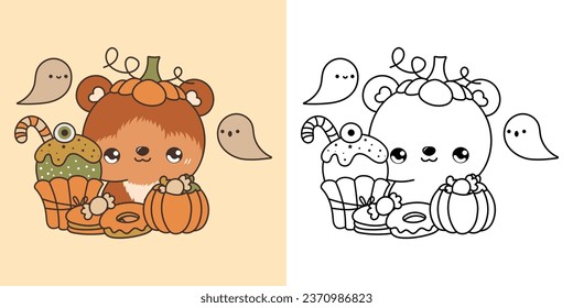 Cute Halloween Bear Clipart for Coloring Page and Illustration. Happy Clip Art Halloween Forest Animal. Cute Vector Illustration of a Kawaii Halloween Animal with Sweets. 