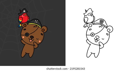 Cute Halloween Bear Clipart Illustration and Black and White. Funny Clip Art Halloween Brown Bear. Cute Vector Illustration of a Kawaii Halloween Animals in a Pirate Costume.
