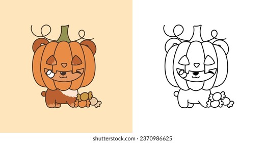 Cute Halloween Bear Clipart Illustration and Black and White. Kawaii Clip Art Halloween Forest Animal. Cute Vector Illustration of a Kawaii Halloween Animal Inside a Pumpkin. 