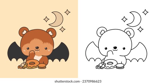 Cute Halloween Bear Illustration and For Coloring Page. Cartoon Clip Art Halloween Forest Animal. Cute Vector Illustration of a Kawaii Halloween Animal in a Vampire Costume. 