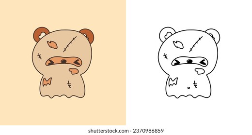 Cute Halloween Bear Illustration and For Coloring Page. Cartoon Clip Art Halloween Forest Animal. Cute Vector Illustration of a Kawaii Halloween Animal in a Ghost Costume. 