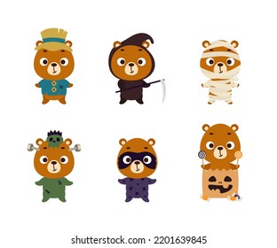 Cute Halloween bear set. Cartoon animal character collection for kids t-shirts, nursery decoration, baby shower, greeting card, invitation. Vector stock illustration