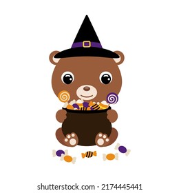 Cute Halloween bear in witch hat holding a pot with candies. Cartoon animal character for kids t-shirts, nursery decoration, baby shower, greeting card, invitation. Vector stock illustration