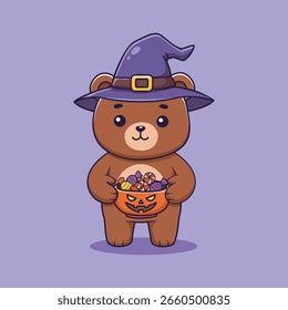 Urso de Halloween bonito com chapéu de bruxa e cesta de doces. ilustração vetorial	
