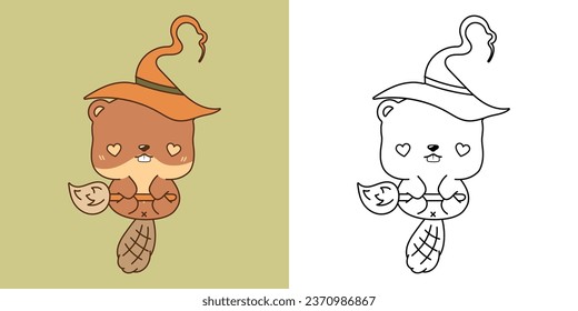 Cute Halloween Beaver Clipart for Coloring Page and Illustration. Happy Clip Art Halloween Forest Animal. Cute Vector Illustration of Halloween Kawaii Animal in Witch Costume. 