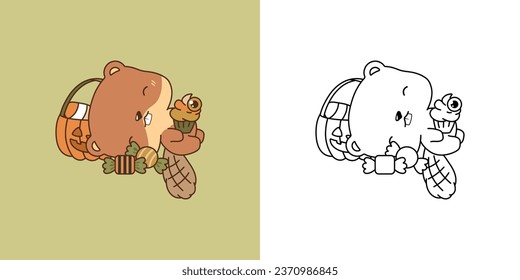Cute Halloween Beaver Illustration and For Coloring Page. Cartoon Clip Art Halloween Forest Animal. Cute Vector Illustration of a Kawaii Halloween Animal with Sweets. 