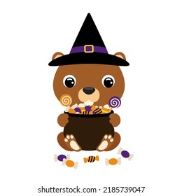 Cute Halloween beaver in witch hat holding a pot with candies. Cartoon animal character for kids t-shirts, nursery decoration, baby shower, greeting card, invitation. Vector stock illustration