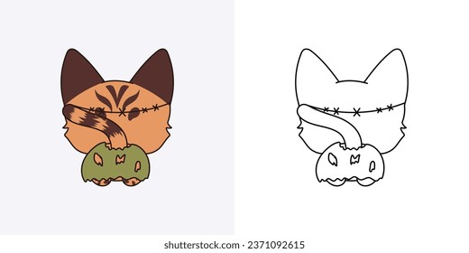 Cute Halloween Bengal Cat Illustration and For Coloring Page. Cartoon Clip Art Halloween Feline. Cute Vector Illustration of a Kawaii Halloween Pet in a Zombie Costume. 