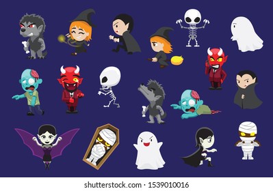 Cute Halloween Big Head Characters Various Poses Vector Cartoon