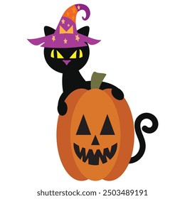 Cute Halloween black cat and pumpkin vector cartoon illustration