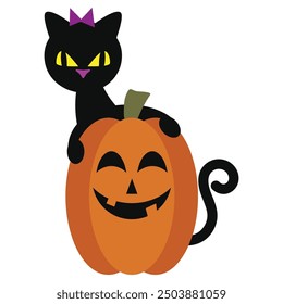 Cute Halloween black cat and pumpkin vector cartoon illustration