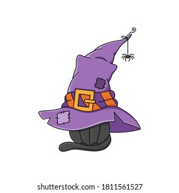 Cute Halloween Black Cat in the purple witch hat isolated on white background. Colorful whimsical hand drawn vector character for invitations, party decor, card, sticker, poster, advertising, web.