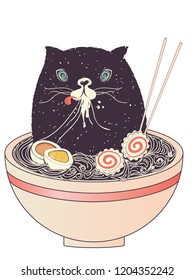 Cute halloween black cat sitting in the bowl eating ramen, noodles soup.