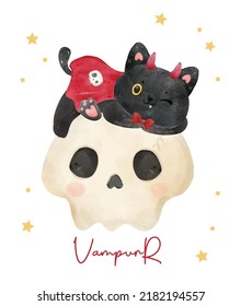 cute Halloween black cat in vampire costume sitting on skull watercolor cartoon animal pet vector illustration