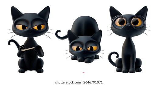 Cute halloween black cat vector set. Pets filing top claws, thumb nails, hunting laser pointer, begging look memes. Cartoon animal funny kitten characters, 3d happy kitty face, sticker render white bg