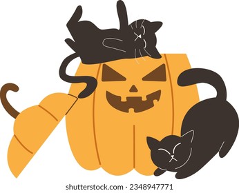 Cute Halloween Black Cat Witch Playing Interaction Jack-o-lantern Facial Expressions Pumpkin Vector Illustration