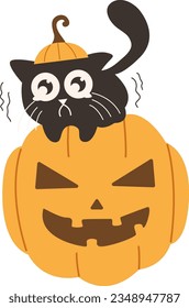 Cute Halloween Black Cat Witch Scared to Jack-o-lantern Evil Facial Expressions Pumpkin Vector Illustration