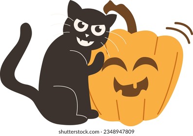 Cute Halloween Black Cat Witch Evil Interaction Jack-o-lantern Facial Expressions Pumpkin Vector Illustration