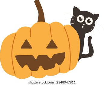 Cute Halloween Black Cat Witch Peeking Interaction Behind Jack-o-lantern Facial Expressions Pumpkin Vector Illustration