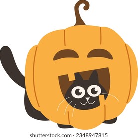 Cute Halloween Black Cat Witch Peeking in the Jack-o-lantern Happy Facial Expressions Pumpkin Vector Illustration