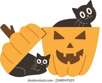 Cute Halloween Black Cat Witch Playing on Jack-o-lantern Evil Facial Expressions Pumpkin Vector Illustration