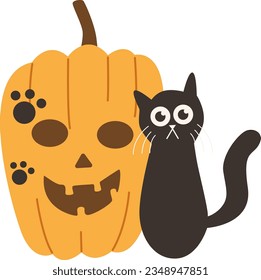 Cute Halloween Black Cat Witch Interaction Jack-o-lantern Facial Expressions Pumpkin Vector Illustration