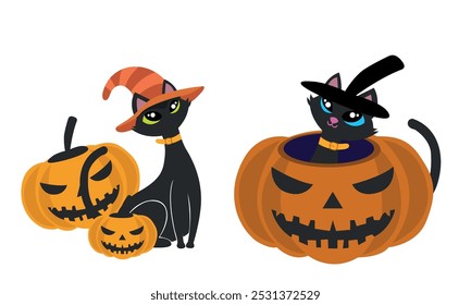 Cute Halloween Black Cat in a Witch Costume Perched on a Pumpkin Illustration