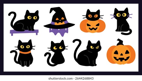 Cute Halloween Black Cats and Pumpkins Illustration ,image set, icon set