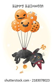 adorable bruja gatita negra de Halloween volando por un grupo de globos naranja de Halloween fiesta, color de agua caricatura animal ilustración vector