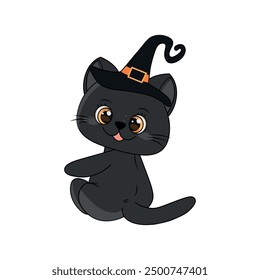 Cute Halloween black kitten with witch hat white background. Character design for Halloween party