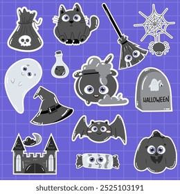 Cute Halloween black stickers with spooky elements: ghost, bat, black cat, and witch hat