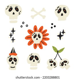 Cute Halloween Bone Skull Set. Halloween kids graphic. Cartoon flat vector 