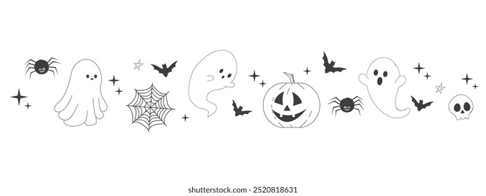 Cute halloween border, line ghost, pumpkin and silhouette bat, spider autumn decoration, Divider frame. Simple greeting.