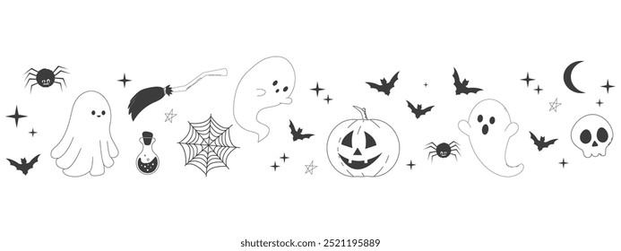 Lindo borde de halloween, fantasma de línea, calabaza y silueta de murciélago, decoración de otoño de araña, marco divisor. Saludo simple.