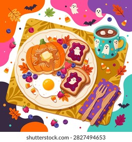 Cute Halloween breakfast vector illustration with pumpkin pancake, ghost toast, fried egg, berries, candy corn, and hot chocolate mug, top view flat lay background.