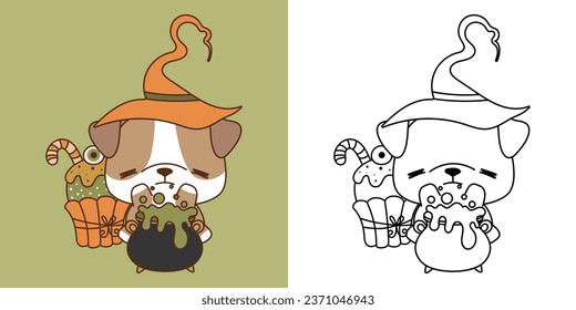 Cute Halloween Bulldog Dog Clipart Illustration and Black and White. Kawaii Clip Art Halloween Dog. Cute Vector Illustration of Halloween Kawaii Animal in Witch Costume. 