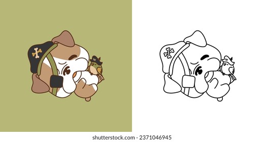 Cute Halloween Bulldog Dog Clipart for Coloring Page and Illustration. Happy Clip Art Halloween Puppy. Cute Vector Illustration of a Kawaii Halloween Animal in a Pirate Costume. 