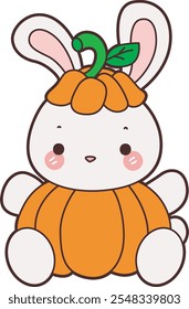 Bonito Halloween Bunny ilustração stock. Dia das Bruxas de coelho engraçado para elementos adesivos. Coelho com traje de vegetal de abóbora