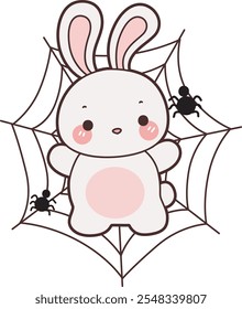 Nette Halloween Bunny Stockgrafik. Lustiges Hasen Halloween für Aufkleber Elemente. Hase steckt im Netz fest.