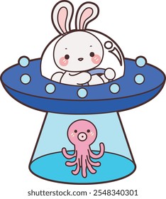 Cute Halloween Bunny stock illustration. Funny bunny Halloween for sticker elements. Bunny driving a space ship