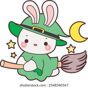 Bonito Halloween Bunny ilustração stock. Dia das Bruxas de coelho engraçado para elementos adesivos. Bunny montando uma vassoura com traje de bruxa