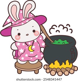 Cute Halloween Bunny stock illustration. Funny bunny Halloween for sticker elements. bunny cooking the potion with witch costume