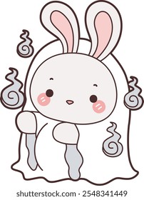 Cute Halloween Bunny stock illustration. Funny bunny Halloween for sticker elements. Bunny with white ghost costume