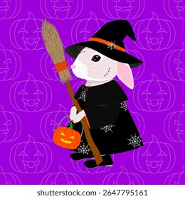 Bruxa de coelho bonito Halloween com Jack-o'-Lantern e Vassoura. Adorável Halloween Padrão Sem Costura. Bruxa de coelho trapaça-ou-traição. Plano de fundo sem costura Halloween. Coelho assustador em traje de bruxa com abóbora. 