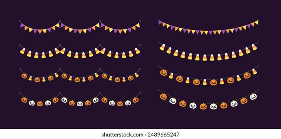 Nettes Halloween Bunting Girlanden Set mit Jack O Laterne, Kürbis und Zuckermais. Einfache Trick oder Leckerli Banner hängende Party Dekor Vektorgrafik Element.