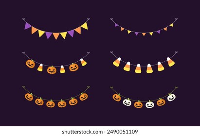 Cute Halloween Bunting Garland Set with Jack O Lantern, Pumpkin and Candy Corn. Simple trick or treat banner hanging party decor vector element.