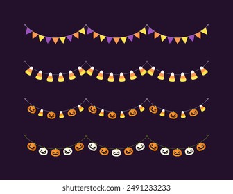 Cute Halloween Bunting Garland Set with Jack O Lantern, Pumpkin and Candy Corn. Simple trick or treat banner hanging party decor vector element.