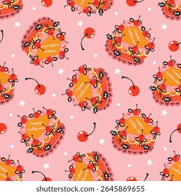 Cute Halloween Cake Pattern with Cherries, Kawaii Spooky Seamless Design on Pink Background