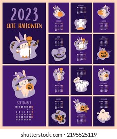 Cute Halloween Calendar 2023 Template. With Rabbit Symbol Of Year, Ghosts, Bat And Jack O Lantern Pumpkin On Purple Background. Vertical Set Of 12 Pages And Cover In English. Vector. Week From Monday